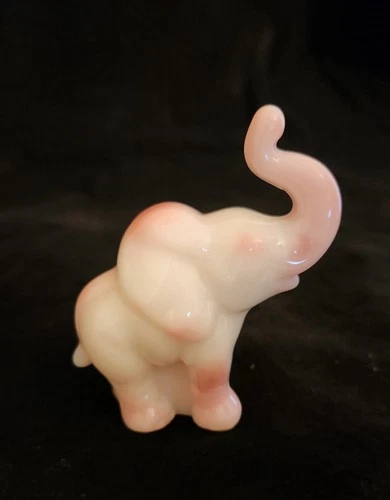 Fenton Rosalene Elephant Figurine Pink & White Glossy Trunk Up  For Good Luck