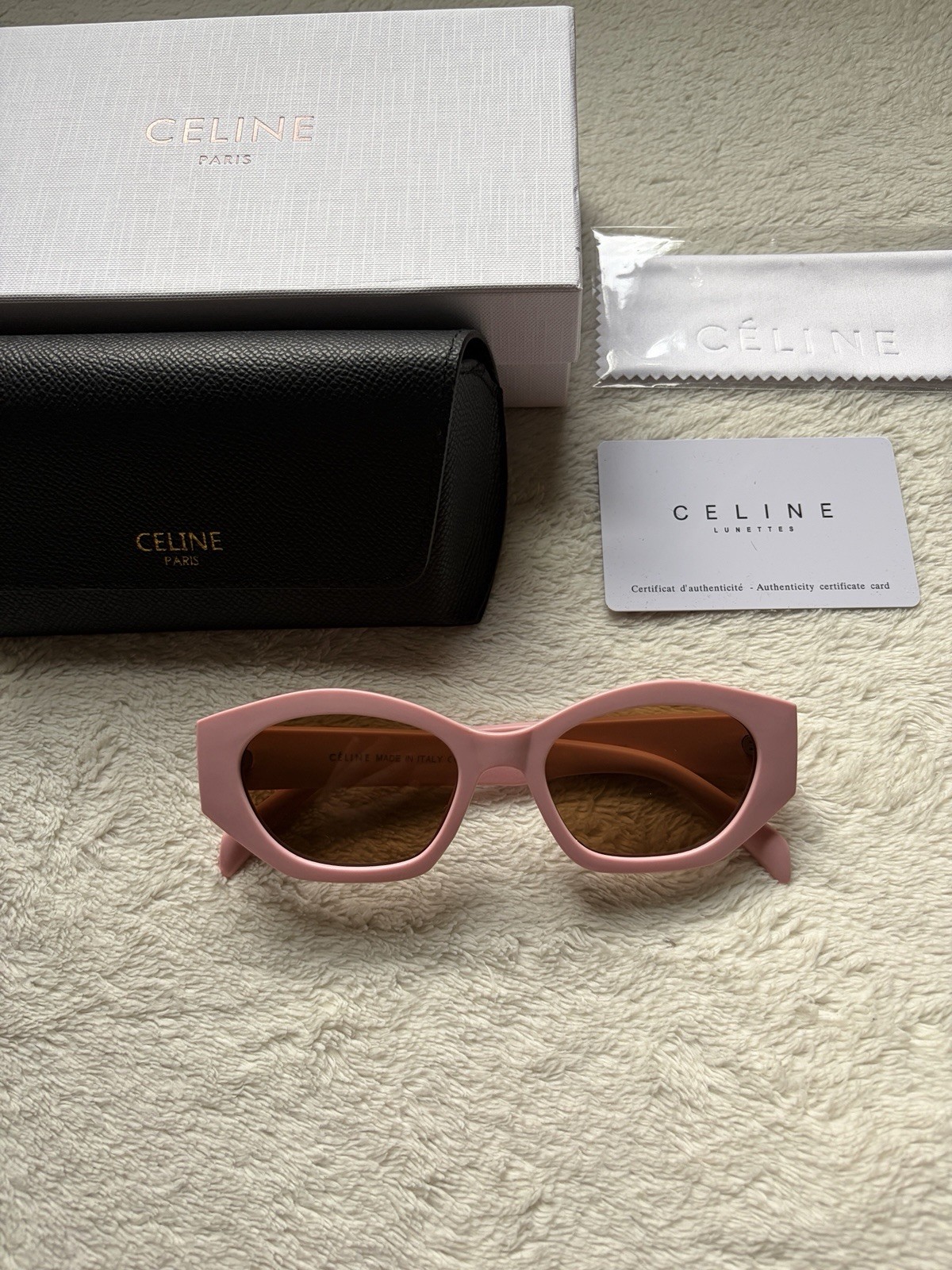 CELINE Women's Pink Plastic Cat Eye Sunglasses Brown Tinted Lenses w/Case Box