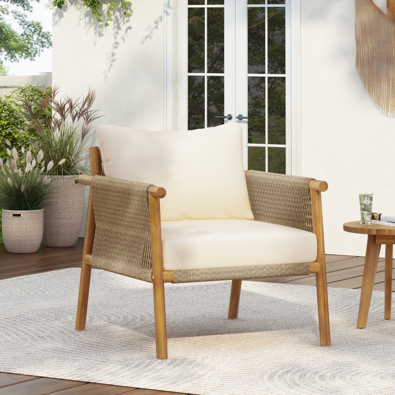 Patio Rattan Rope Chair Solid Wood Frame