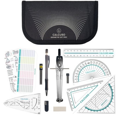 CALCUSO Geometrie Set PRO   Schwarzes Mäppchen mit Zirkel, Geodreieck & Lineal