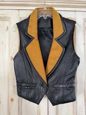Cuir Du Monde Black/Mustard Color Leather Vintage Vest Size S