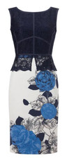 Phase Eight GRETEL Navy Blue & Ivory Floral & Lace Peplum Dress UK 12