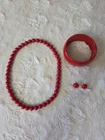 Vintage red beaded necklace, Bangle bracelet & Earrings 80s costume jewelry