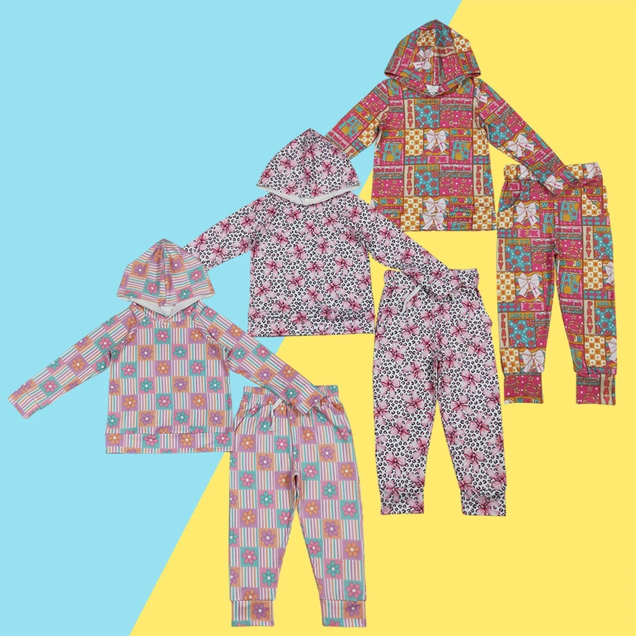 Stylish Kids Girls Floral Bow Hoodie Top With Pocket Jogger Outfit Two Pieces
