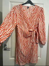 SHEIN Orange/White Animal Print Wrap V-Neck Long Sleeve Tie Waist Dress 1XL