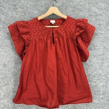 A New Day Blouse Women L Large Red Crew Neck Short Sleeve Cotton Embroidered