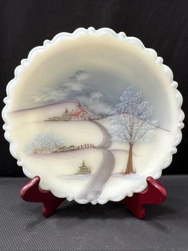 Fenton Art Glass 8" Satin Vaseline Uranium Glass Plate Hand Painted Signed 1980