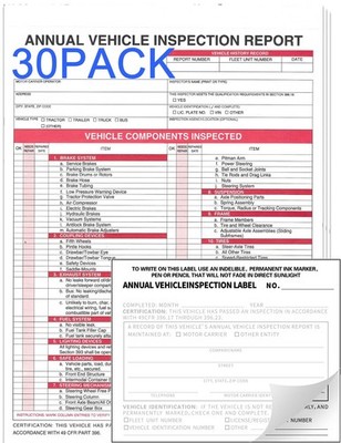 Annual Vehicle Inspection Report Form 30-pk 3-Ply Carbonless,Adhesive White