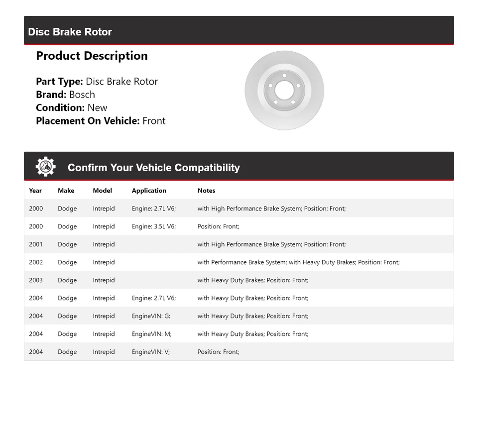 Rotor de freno de disco delantero para Dodge Intrepid Bosch QuietCast 2000-2004 2001 2002 Foto 2 de 4