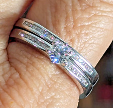 Hers 925 Silver CZ Wedding Band Engagement Ring Set Size 7.75