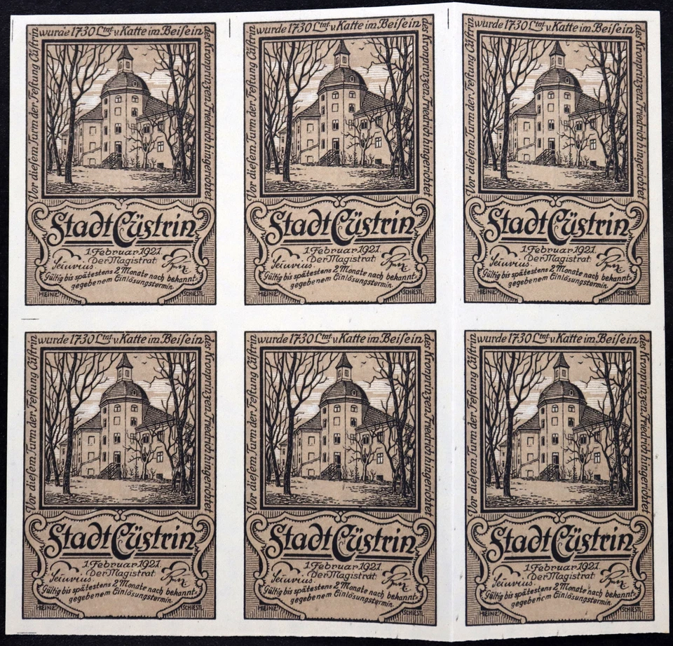 CÜSTRIN / KOSTRZYN 1921 XX-RARO 6 piezas ESPECIMEN HOJA SIN CORTAR Alemán Notgeld Polonia Foto 2 de 2