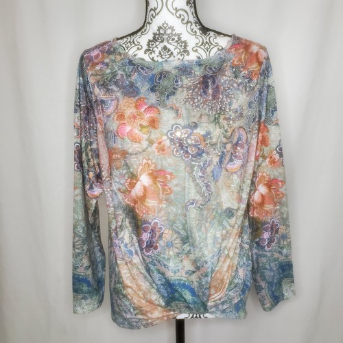 Mehrfarbiges Y2K Langarm-T-Shirt mit Blumenmuster und Strasssteinen, Schleife vorne Größe Medium - Bild 1 von 8