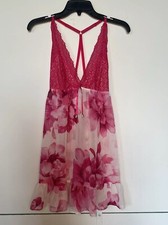 Linea Donatella Pink Floral Print Lace Chiffon Babydoll Chemise Size Small