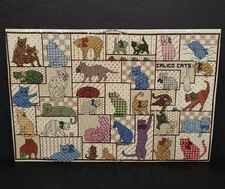 Completed Finished Cross Stitch Cats Lovers Calico Handmade Unframed 20" X 14"