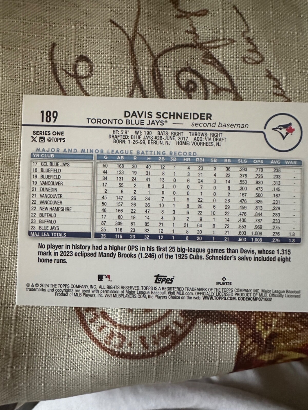 2024 Topps #189 Davis Schneider /73 Black Border RC Rookie Blue Jays