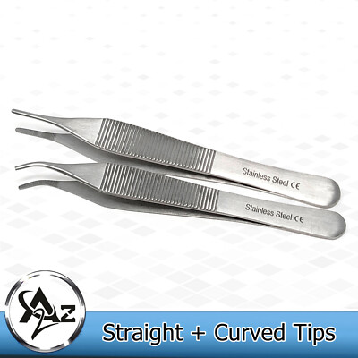 2x Adson Dressing Forceps Straight + Curved 4.75'' Tweezers Stainless Steel CE