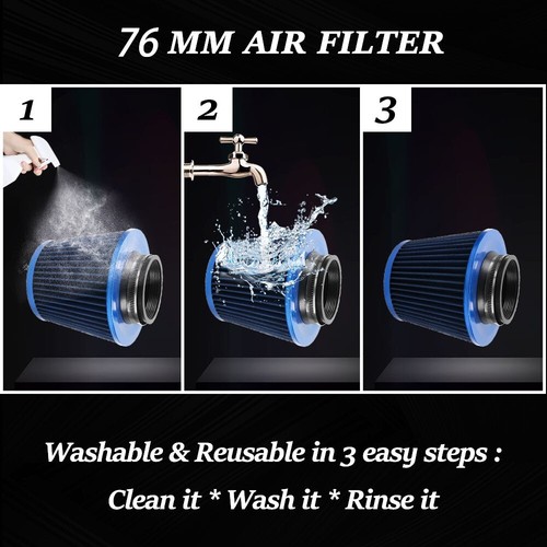 Blue 3" 76mm High Flow Inlet Cold Air Intake Cone Replacement Dry Air Filter - Foto 9 di 12