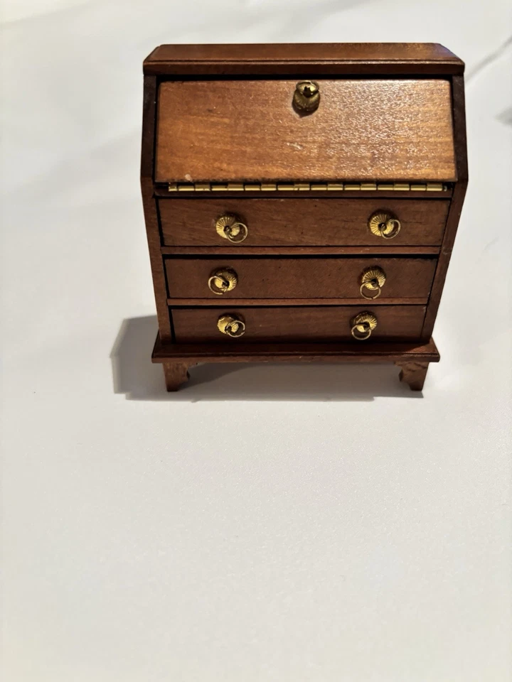 Vtg Shackman Secretary Desk Wood Miniature Dollhouse 3 Drawers Drop Leaf 3.25"H - Image 2 of 4