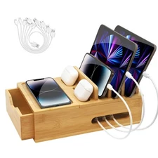 Bamboo Charging Station Dock Organizer for Phone Tablet Earphones with 6 Cables
