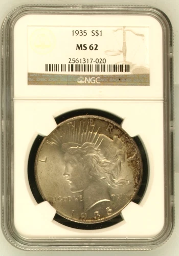 1935 PEACE DOLLAR ~ NICE INTERESTING TONING! UNC NGC MS62!