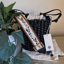 Tory Burch nwt black Emerson Woven Leather Mini Bucket Bag original dust bag