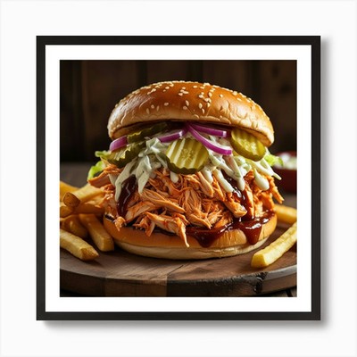 Bbq Pulled Pork Sandwich mit Pommes gerahmtes Wandbild Poster Leinwanddruck Bild