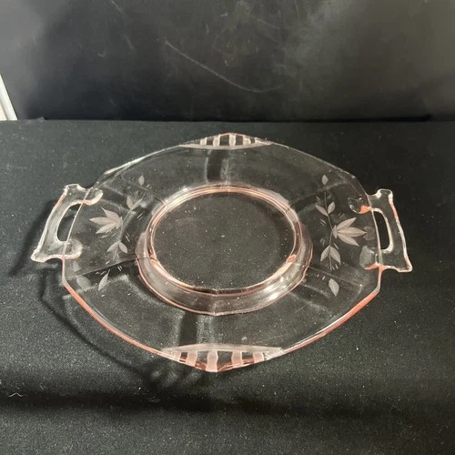 Vintage Pink Imperial Depression Glass Two Handled Small Serving Plate With Etch