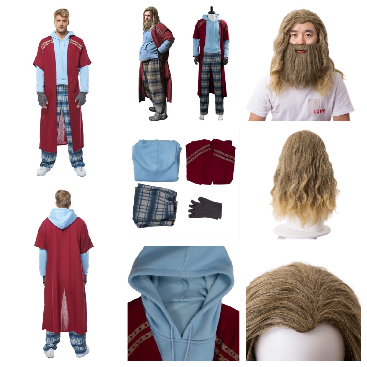 The Avengers Fat Thor Cosplay Hoodie Costume+Wig Curly Moustache