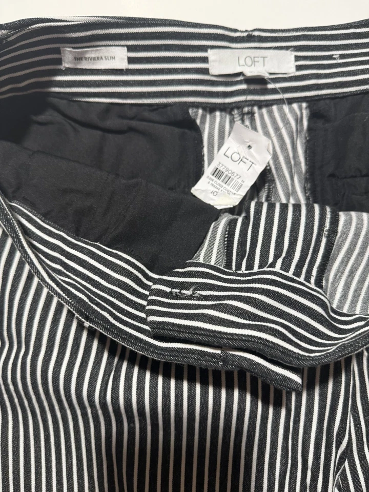 NUEVO CON ETIQUETAS (LAVADO) ANN TAYLOR LOFT NEGRO BLANCO PANTALONES A RAYAS THE RIVIERA SLIM TALLA 10 Foto 2 de 4