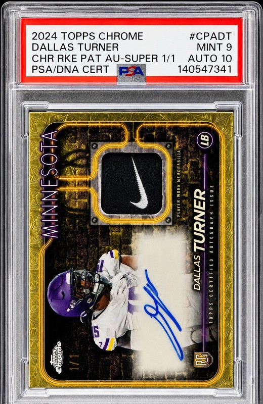 2024 Topps Chrome Dallas Turner Superfractor Player Worn RPA 1/1 PSA 9 Auto 10