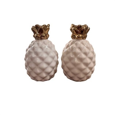 Fun White Ceramic Pineapple Salt Pepper Shakers Gold Top Kitchen Hawaii Coastal