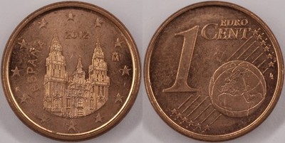 Spain 2012 M 1 Euro Cent KM# 1144 Plated Cathedral Santiago de Compostela Globe