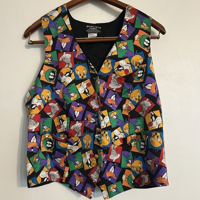 Vintage Warner Bros. Looney Tunes Mania Men s Black Silk Vest Cartoon Medium
