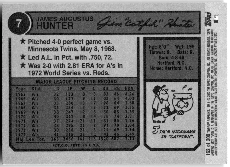 2002 Topps Archives #162 Catfish Hunter - Image 2 of 2