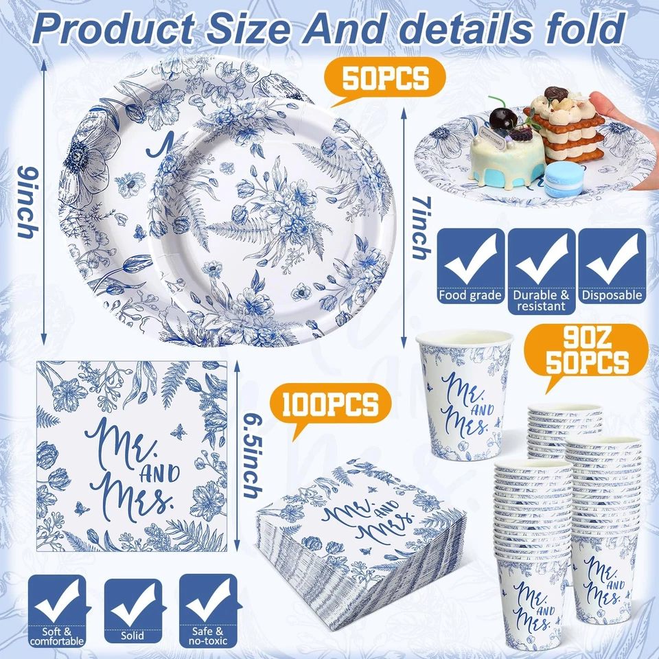 250 Pcs Mr. and Mrs. Bridal Shower Plates Napkins Sets 50 Pcs 9'' Dinner Plat... - Image 3 of 4