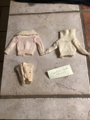 VINTAGE BARBIE 1962 WHITE & Pink CARDIGAN PAK SWEATERS (good cond) & vest (poor)