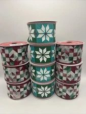 Lot of 10 Celebrate It Christmas Wired Ribbon 2.5”x20ft Quilt & Snowflake Mix