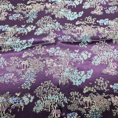 Deep Purple Satin Oriental Asian Fabric Piece ~56'' X ~33'' Village Trees Flowers