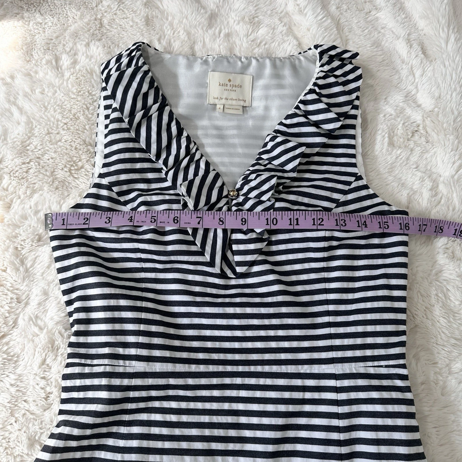 Abito KATE SPADE nero bianco a righe senza maniche in cotone con volant taglia 4 preppy