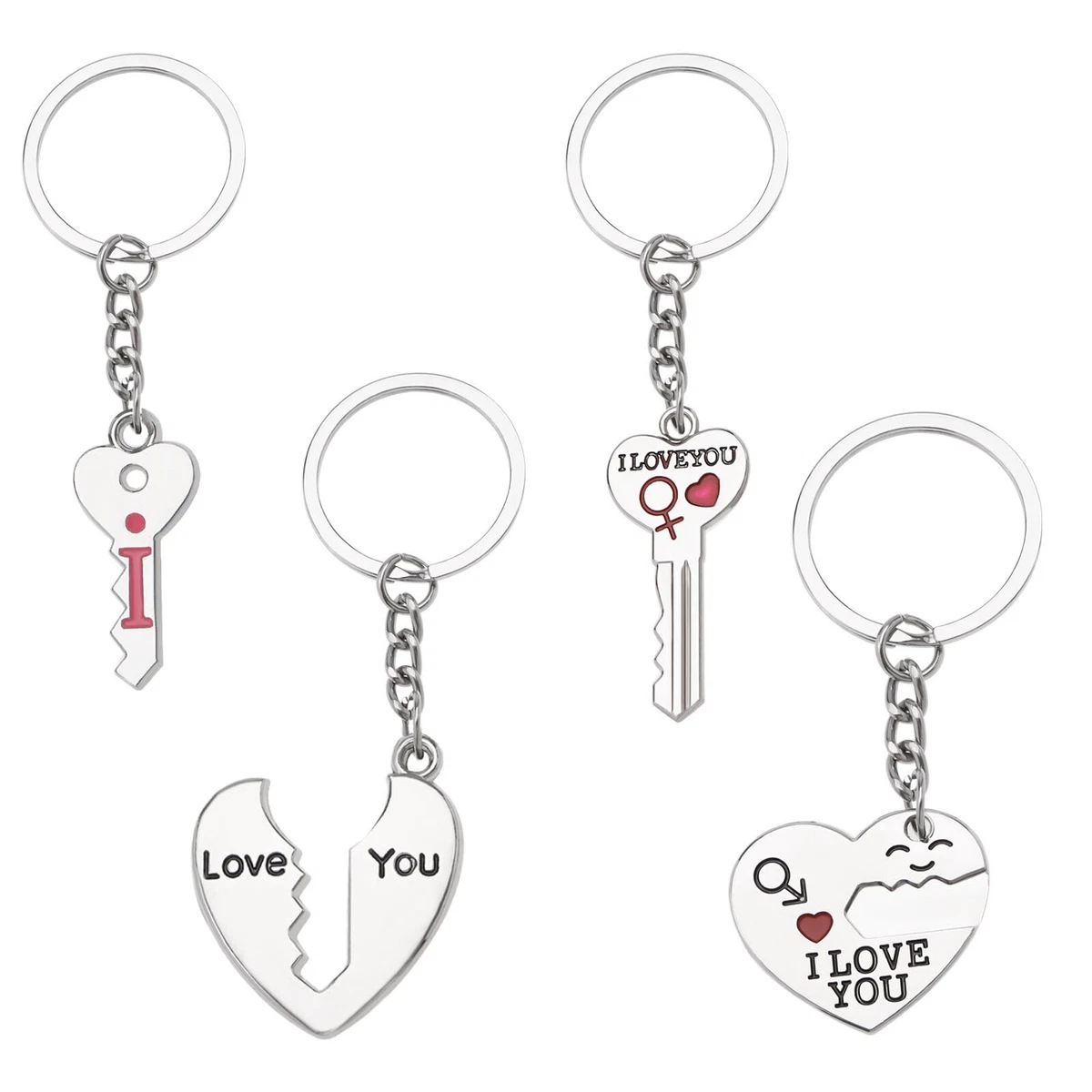 2 Pairs of Couples Keychains Heart Key Pattern Love Keychains