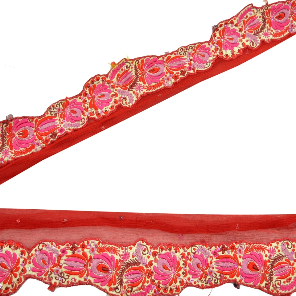 Vintage Red Sari Border Pure Chiffon Silk Hand Embroidered Craft Trim Lace 1yd - Image 4 of 4