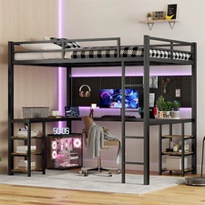 Full XL Size Loft Bed Metal Bed Frame with Desk & Storage Shelves & Ladder Black