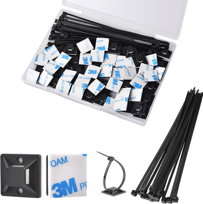Strong Back-Glue Self Adhesive Cable Zip Tie Mounts Kit - 100 Set Cable 