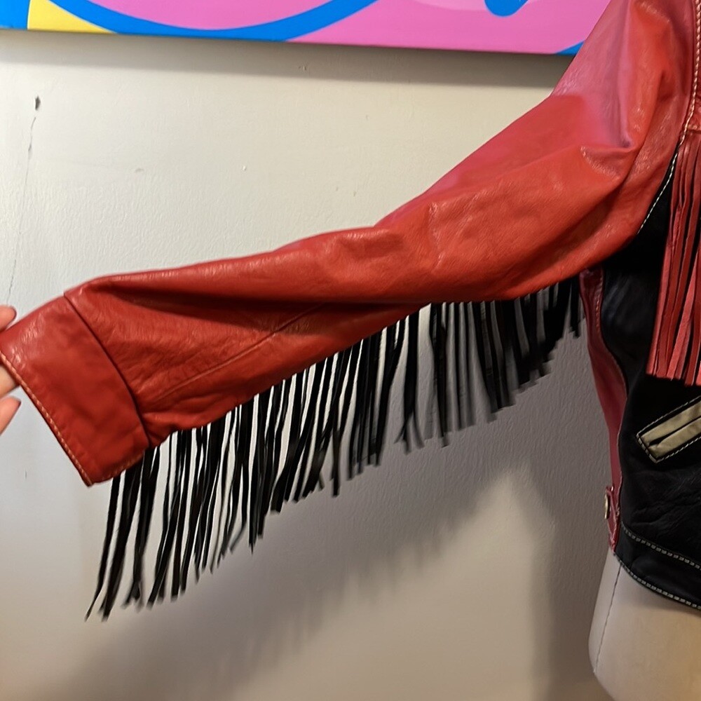 Moschino Red Black White Leather LOVE Moto Jacket Fringe | eBay Moschino Red Black White Leather LOVE Moto Jacket Fringe | eBay