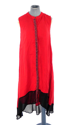 Rotes Kurta Kleid Global Desi ärmellos vorne Knöpfe schwarz transparenter Besatz Gr. S