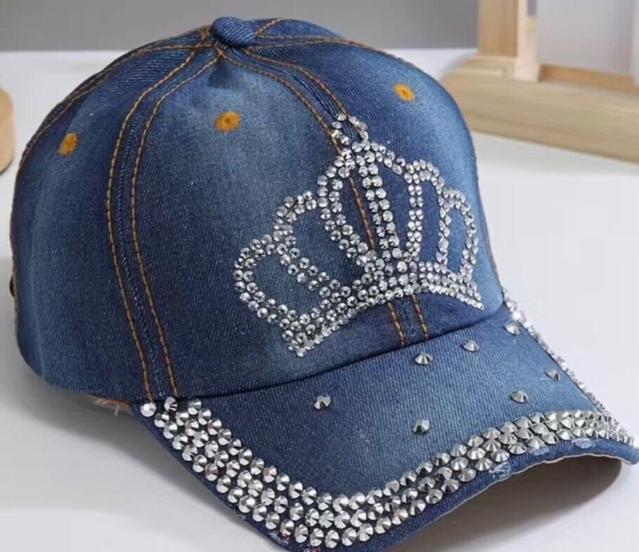 Blue Denim Baseball Cap with Silver Studs - One Size Fits All-image