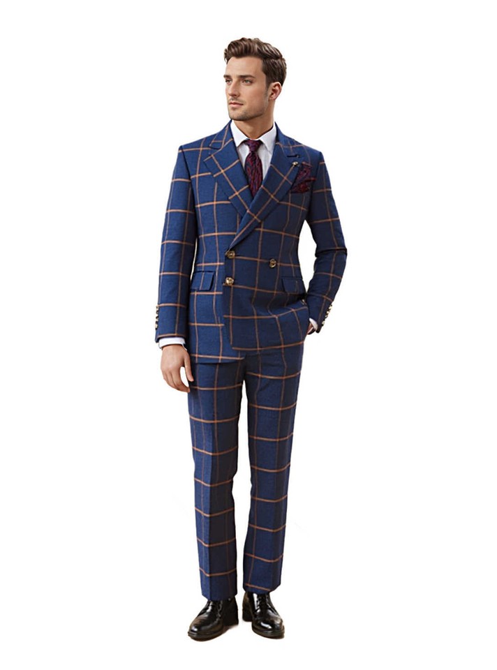 Royal Blue Plaid Peak Lapel Double Breasted 2 Piece Men's Suit