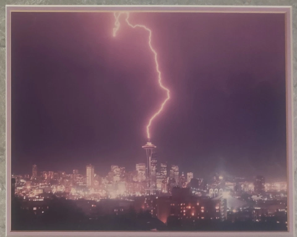 Lightening Strikes Space Needle Framed Photograph Seattle 1986 Photo John Wiley - Image 2 of 3