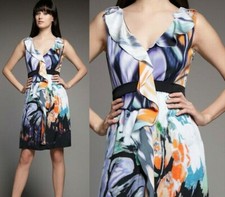 Elie Tahari Patrice Berry Blue Print Stretch Georgette Silk Ruffle Dress 8