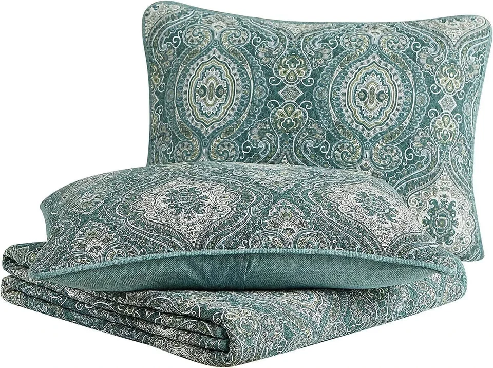 King Quilt Set Green Elegant Paisley Medallion Damask Design Farm Bedding 3Piece - Image 4 of 4